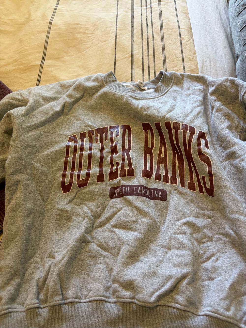 Full Tilt Grey Crewneck Sweatshirt with Burgundy 'Outer Banks' Graphic